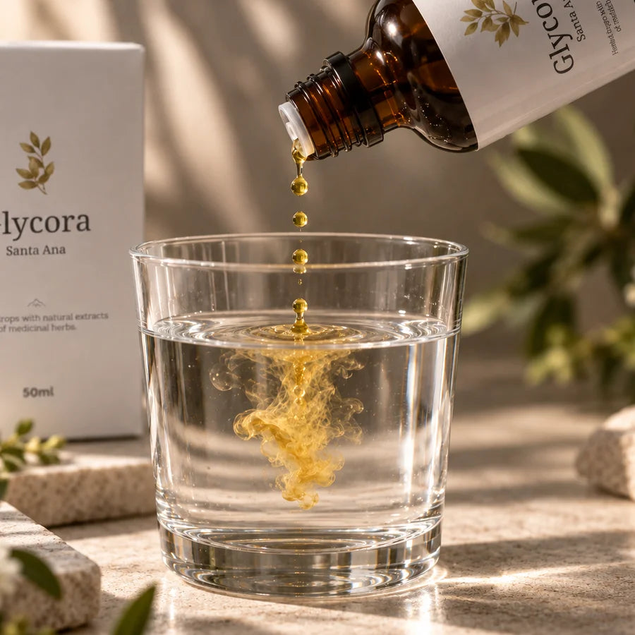 Glycora Santa Ana herbal drops being added to a glass of water